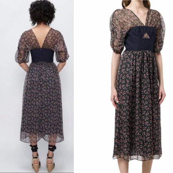 Alexa Chung Bella dress - floral chiffon midi with cutout linen bodice - RARE - Picture 6 of 6